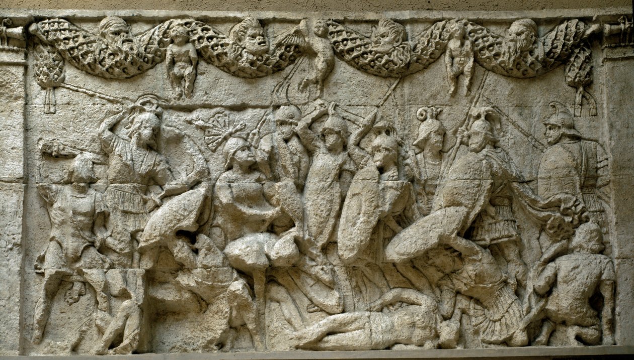 الفن الروماني: مشهد معركة بين الرومان والغال. إعادة إنتاج نقش منخفض من Mausolee of Glanum ، نصب جنائزي في Galloromain تم بناؤه بين 30 و 20 قبل الميلاد تكريما لعائلة Julius. روما ، متحف ديلا سيفيلتا رومانا بواسطة رومان رومان