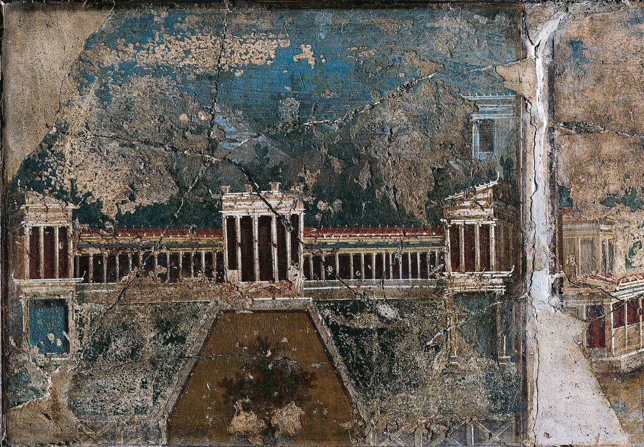 لوحة جدارية من الطراز الثالث تصور المناظر الطبيعية المعمارية وتفاصيل المبنى الذي تحده شرفة ذات أعمدة، من بومبي بواسطة رومان رومان