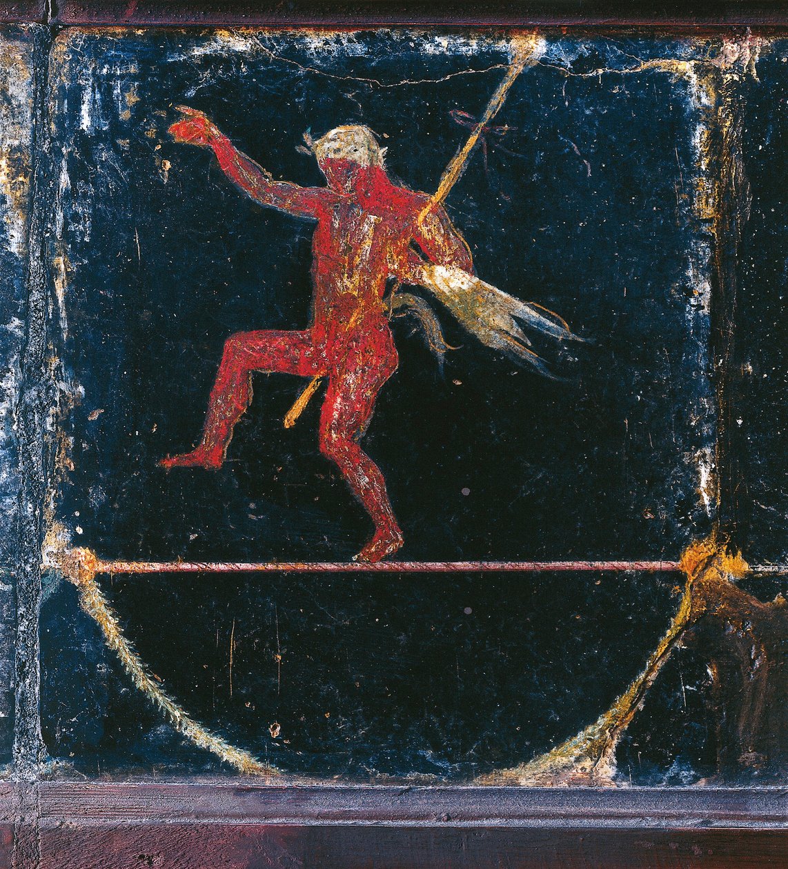 لوحة جدارية من النمط الثالث تصور Funambolist Seleni، تفاصيل Silenus وهو يحمل thyrsus، من ما يسمى بفيلا شيشرون في بومبي بواسطة رومان رومان