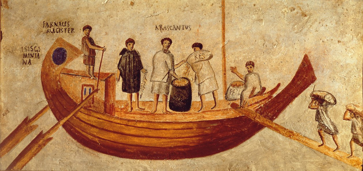 تفريغ الحبوب من سفينة إيزيس جيمينيانا، من أوستيا، القرنين الثاني والثالث (لوحة جدارية) بواسطة رومان رومان