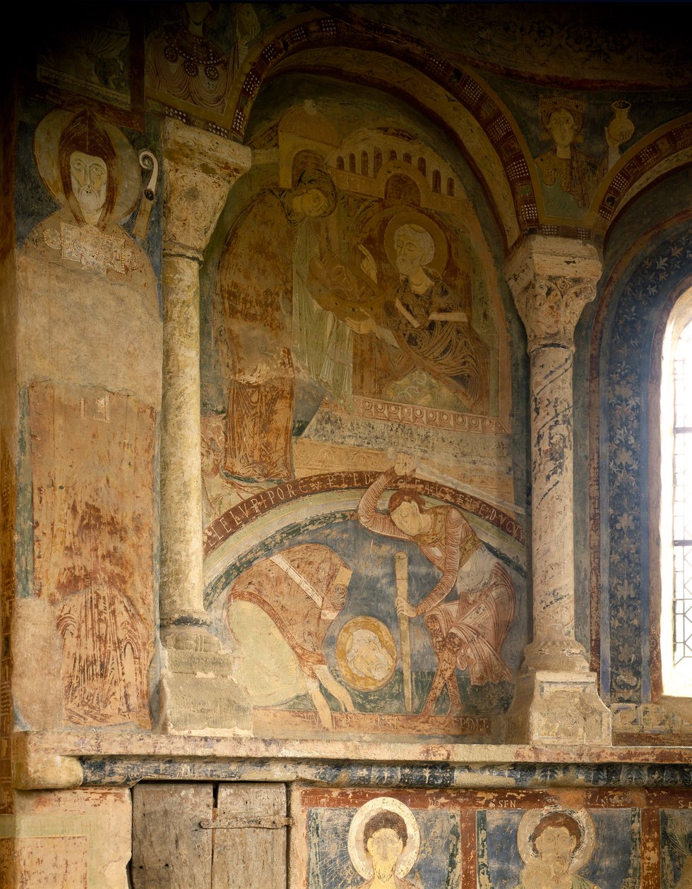 Romanesque Art: Painting depicting the martyr of Saint Laurent (1103-1130). Fresco. Chapel of the Chateau des Moines, Berze la Ville (Berze-la-Ville in Saone and Loire, Burgundy), France. بواسطة رومانيسك