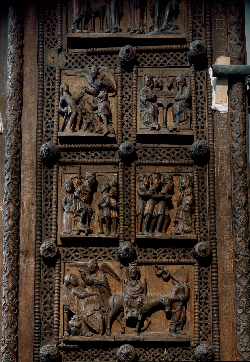 Romanesque art: wooden door from the middle of the 12th century of the Church of St. Mary of the Capitol in Cologne, Germany (Sankt Maria im Kapitol, Koln). Scenes depicting the announcement to the shepherds, the nativity, the adoration of the mages and th بواسطة رومانيسك