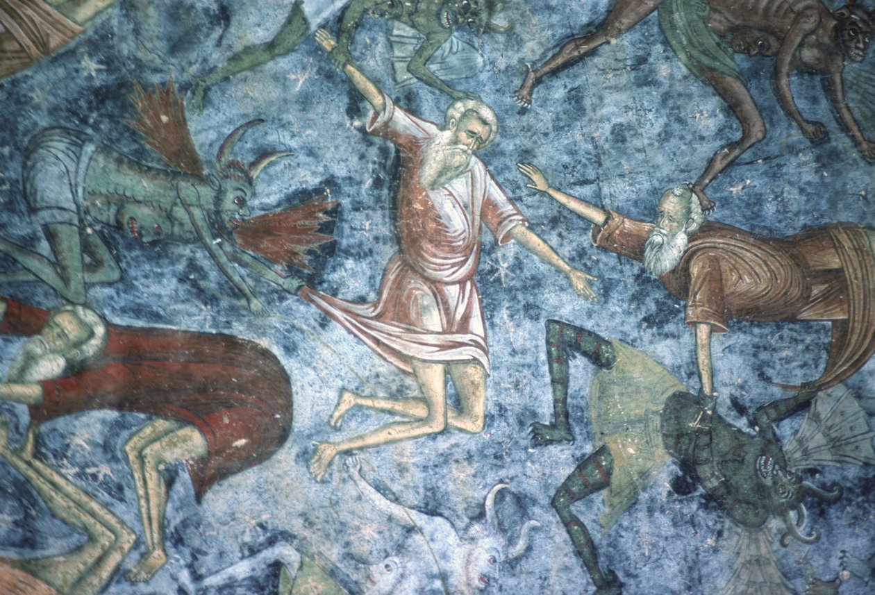 جر الخطاة بالشياطين ، تفاصيل لوحة سلم السماء ، الجدار الشمالي للكنيسة ، c.1601 بواسطة المدرسة الرومانية