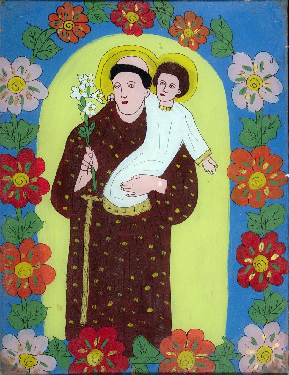 سانت أنتوني بادوا (1195-1231) من ترانسيلفانيا 1950-80 (زجاج مطلي) بواسطة المدرسة الرومانية