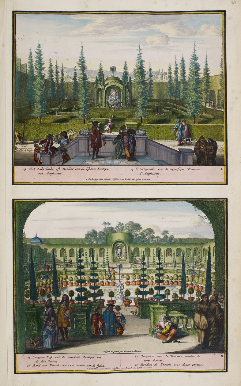 الحديقة في إنجين ، حوالي عام 1685 ، رسم توضيحي من "مجموعة من 86 مخططًا ومناظر لاهاي" بواسطة رومين دي (بعد) هوغي