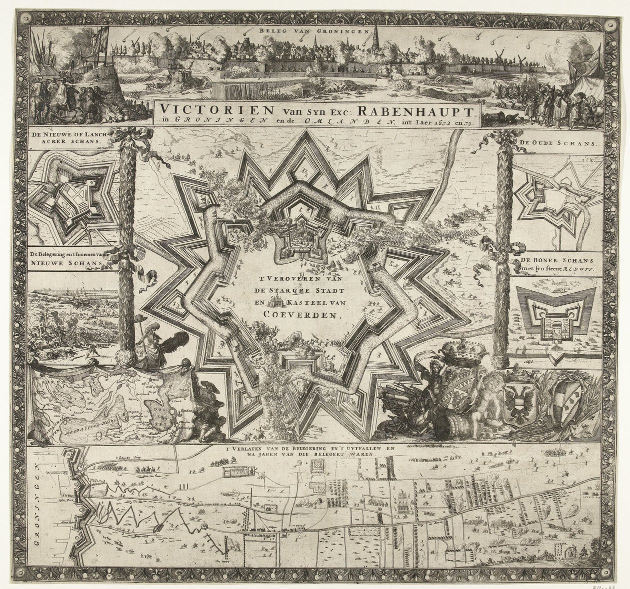 انتصارات رابينهاوبت في جرونينجن في الأعوام 1672-1673 فيكتوريان فان سين اكست. Rabenhaupt ، في Groningen و Omlanden ، int iaer 1672 و 73 (العنوان على الكائن) بواسطة رومين دي هوج (منسوب إلى)
