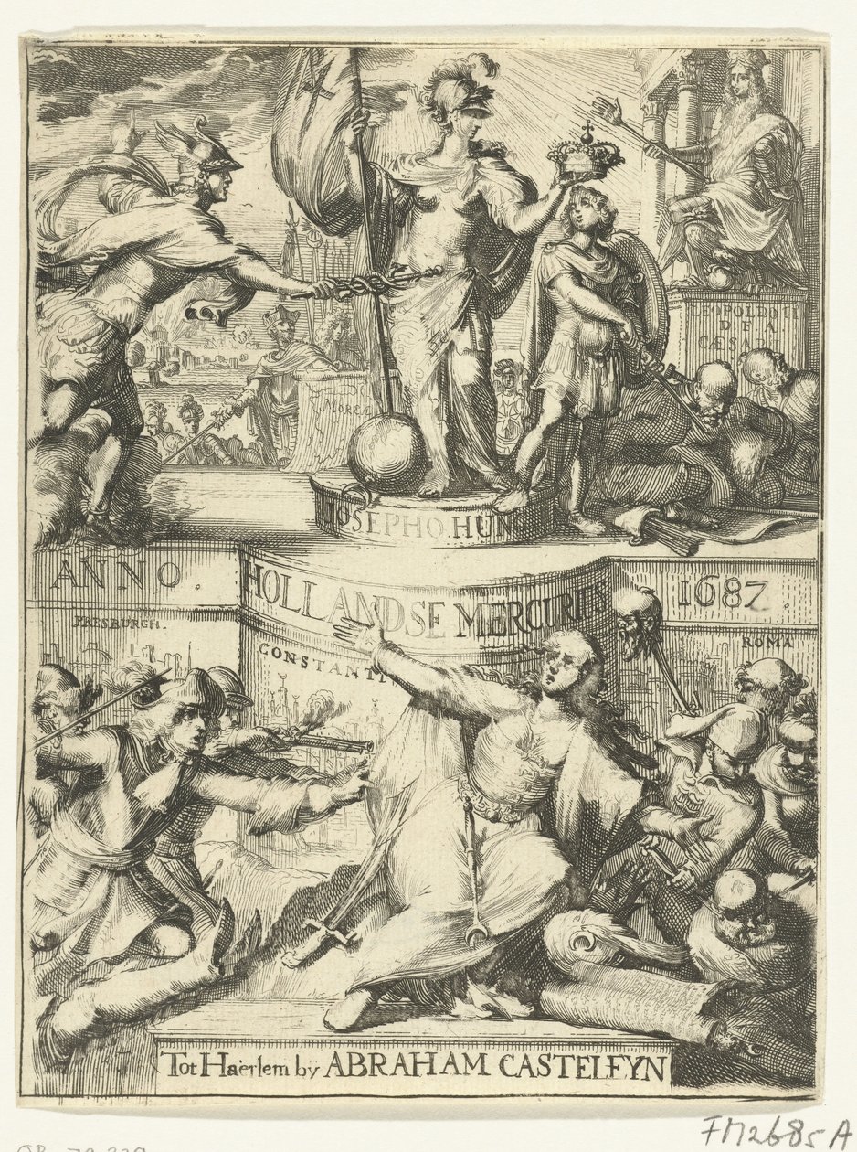 صفحة العنوان لـ Hollandsche Mercurius حوالي عام 1687 بواسطة رومين دي هوج (منسوب إلى)