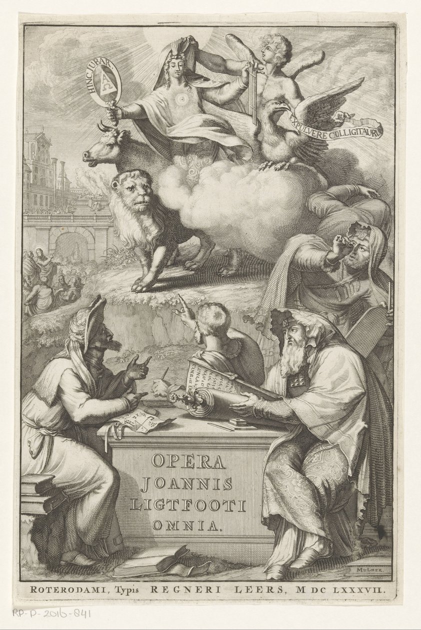 شخصية مجازية مع رجل يهودي صفحة العنوان لـ: John Lightfoot ، Opera Joannis Ligtfooti omnia ، 1686 بواسطة Romeyn de Hooghe