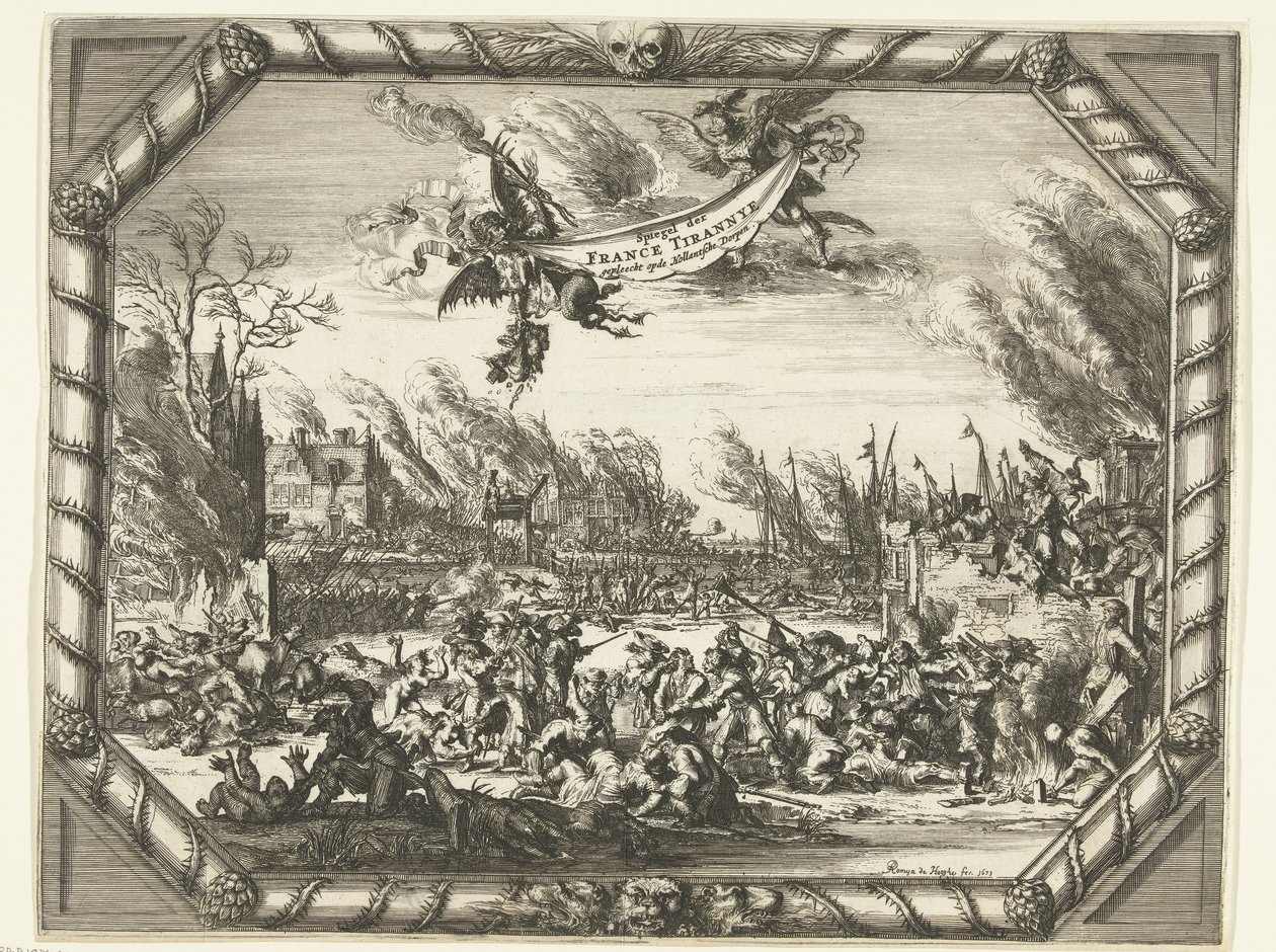 الفظائع الفرنسية في Bodegraven و Zwammerdam ، 1672 احتفل Spiegel der France Tirannye في Hollantsche Dorpen (العنوان على الكائن) بواسطة Romeyn de Hooghe