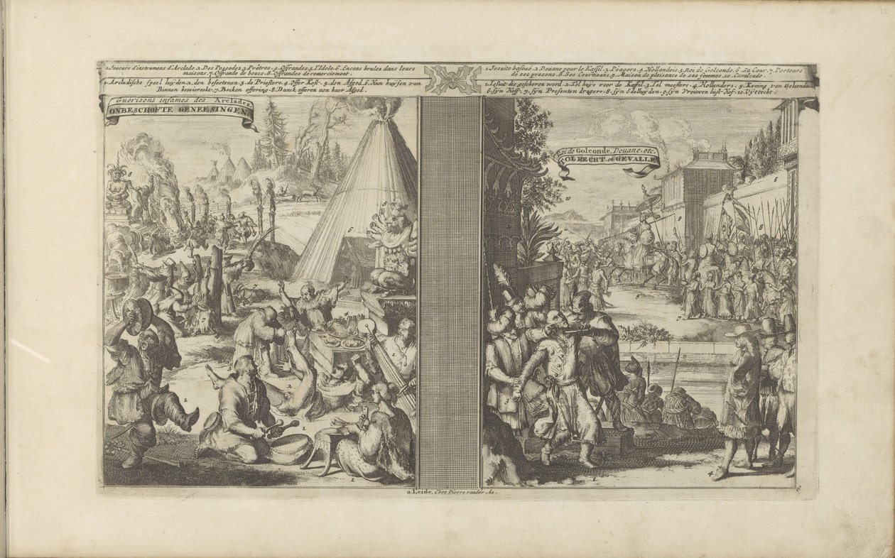 الأطباء في Arclada. حلق اليسوعي من قبل مسؤول حصيلة في جولكوندا Guerisons infames des Arclades / Rude Healings // Roi de Golconde ، Douane ، إلخ / Toll ، en Cases (العنوان على الكائن) Les Indes Orientales et Occidentales et autres بواسطة Romeyn de Hooghe