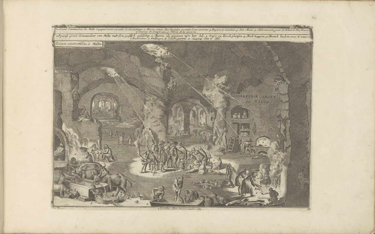 Grotten in Malta Onderaerse Gront op Malta / Underground Places في مالطا (العنوان على الكائن) جزر الهند الشرقية والغربية وأماكن أخرى (عنوان السلسلة) بواسطة Romeyn de Hooghe