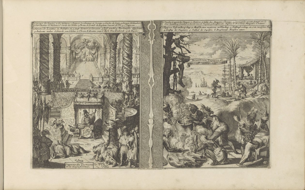 محكمة الإمبراطور التتار ؛ يقوم التابويير البرازيليون بإعداد طعامهم Tartarian Keyzer / Empereur des Tartares et sa Magnificence // Brasiliaensche Clothing / Brasiliens ، Tapuyers ، إلخ (العنوان على الكائن) Les Indes Orientales et Occidentales et autre بواسطة Romeyn de Hooghe