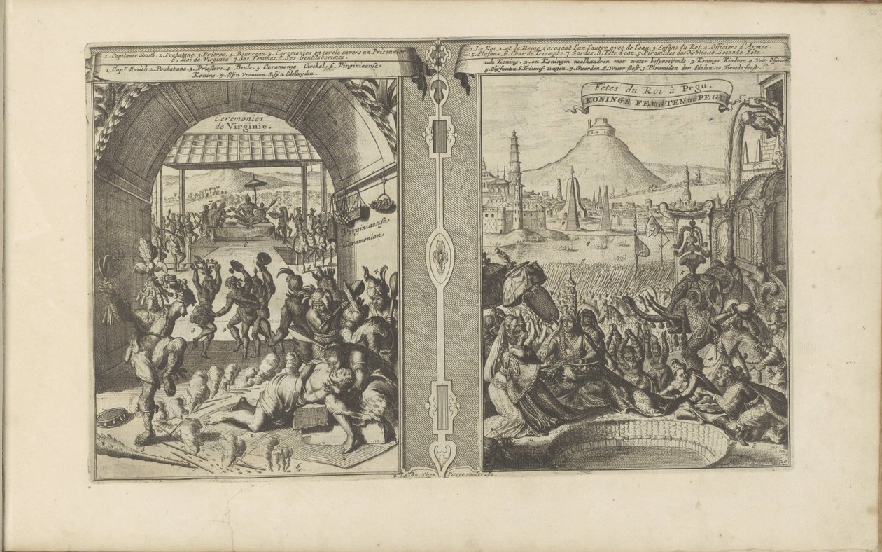 زعيم سميث مع فرجينيا ؛ العيد الملكي في مراسم Pegu Virginiaense / Ceremonies de Virginie // أعياد الملك لبيغو (العنوان على الكائن) Les Indes Orientales et Occidentales et autres Lieux (عنوان السلسلة) بواسطة Romeyn de Hooghe