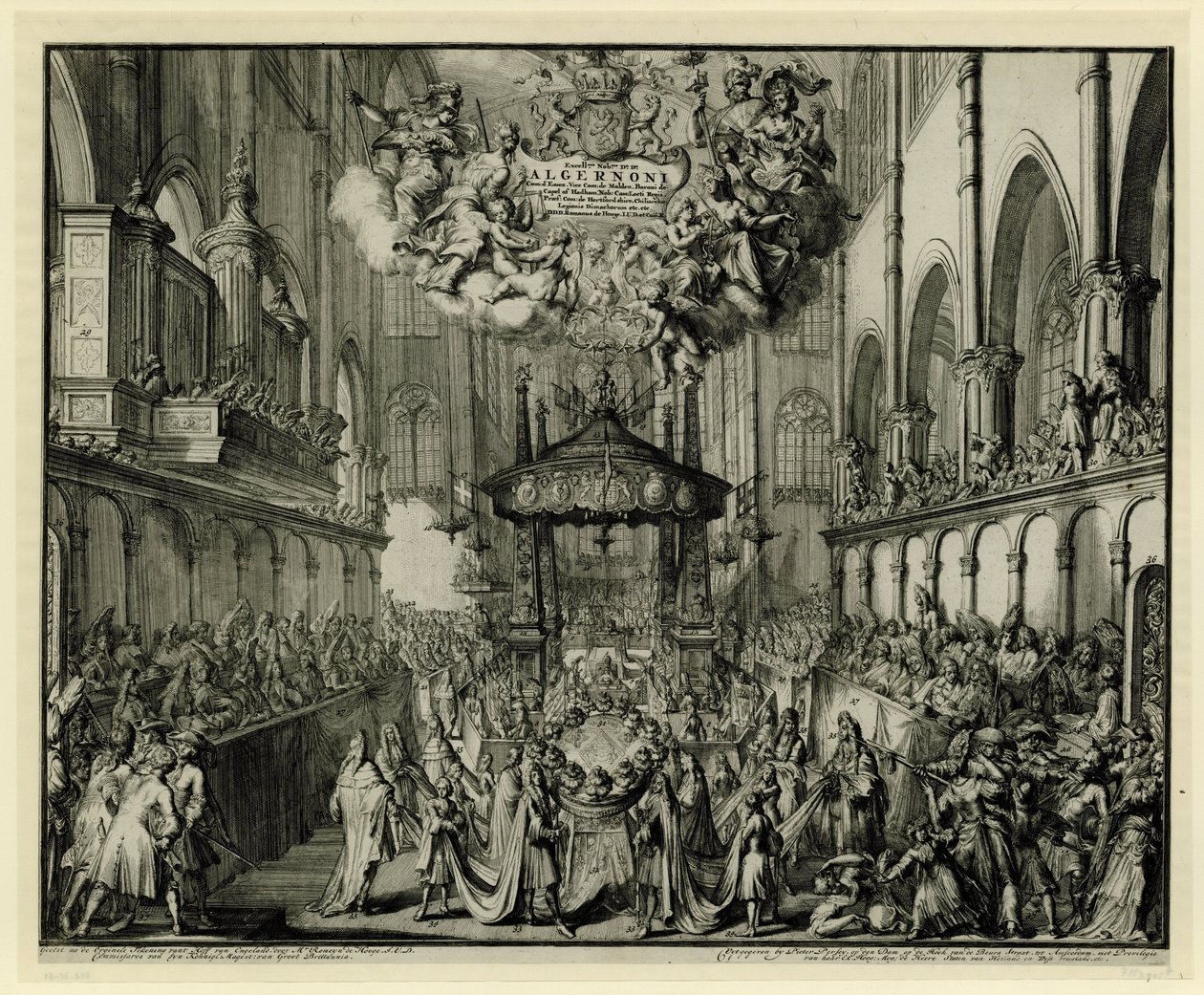جوقة كنيسة وستمنستر مع مراسم جنازة الملكة ، 1695 In't Choor van Westmunster Abdye (العنوان على الكائن) موت ودفن ماري الثانية ستيوارت ، ملكة إنجلترا ، 1695 (عنوان السلسلة) بواسطة Romeyn de Hooghe