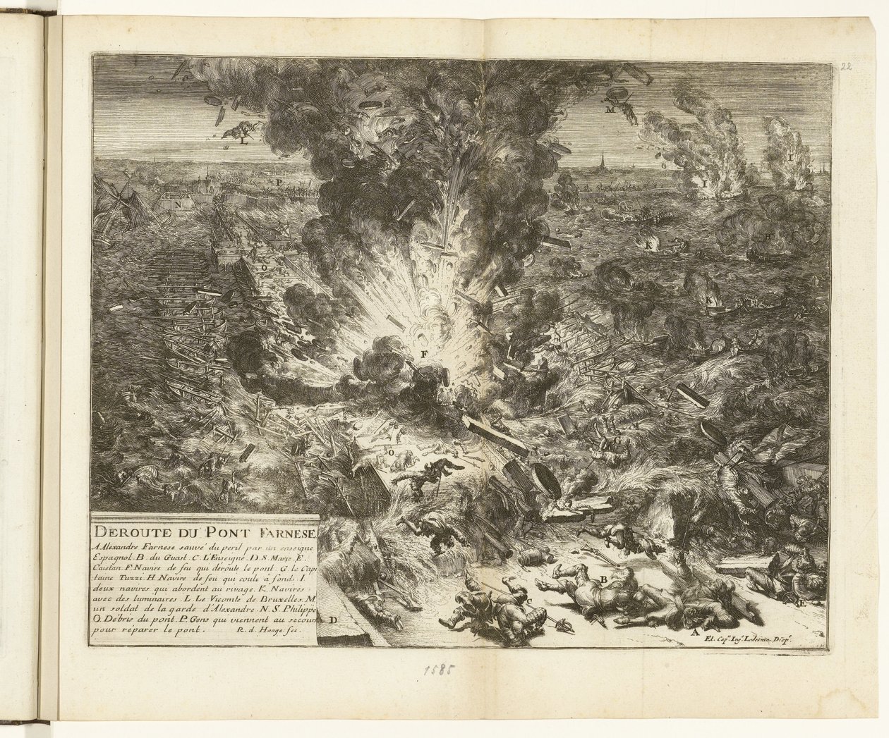 نسف جسر سفينة بارما فوق نهر شيلدت عام 1585 Deroute du Pont Farnese (العنوان على الكائن) Guerres de Flandres (عنوان المسلسل) بواسطة Romeyn de Hooghe