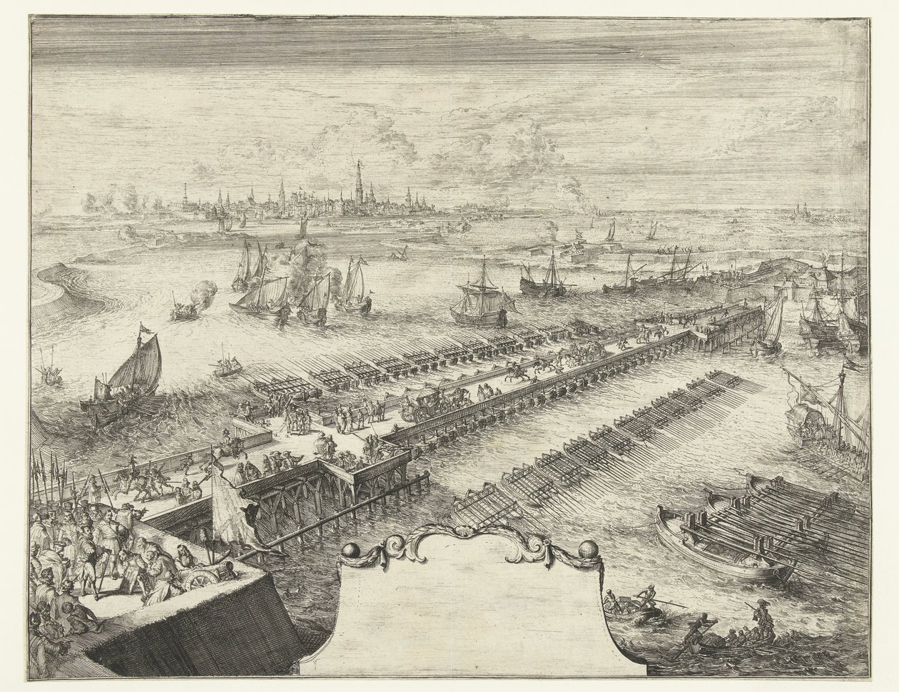 جسر سفينة بارما فوق نهر شيلدت ، 1585 Guerres de Flandres (عنوان المسلسل) بواسطة Romeyn de Hooghe
