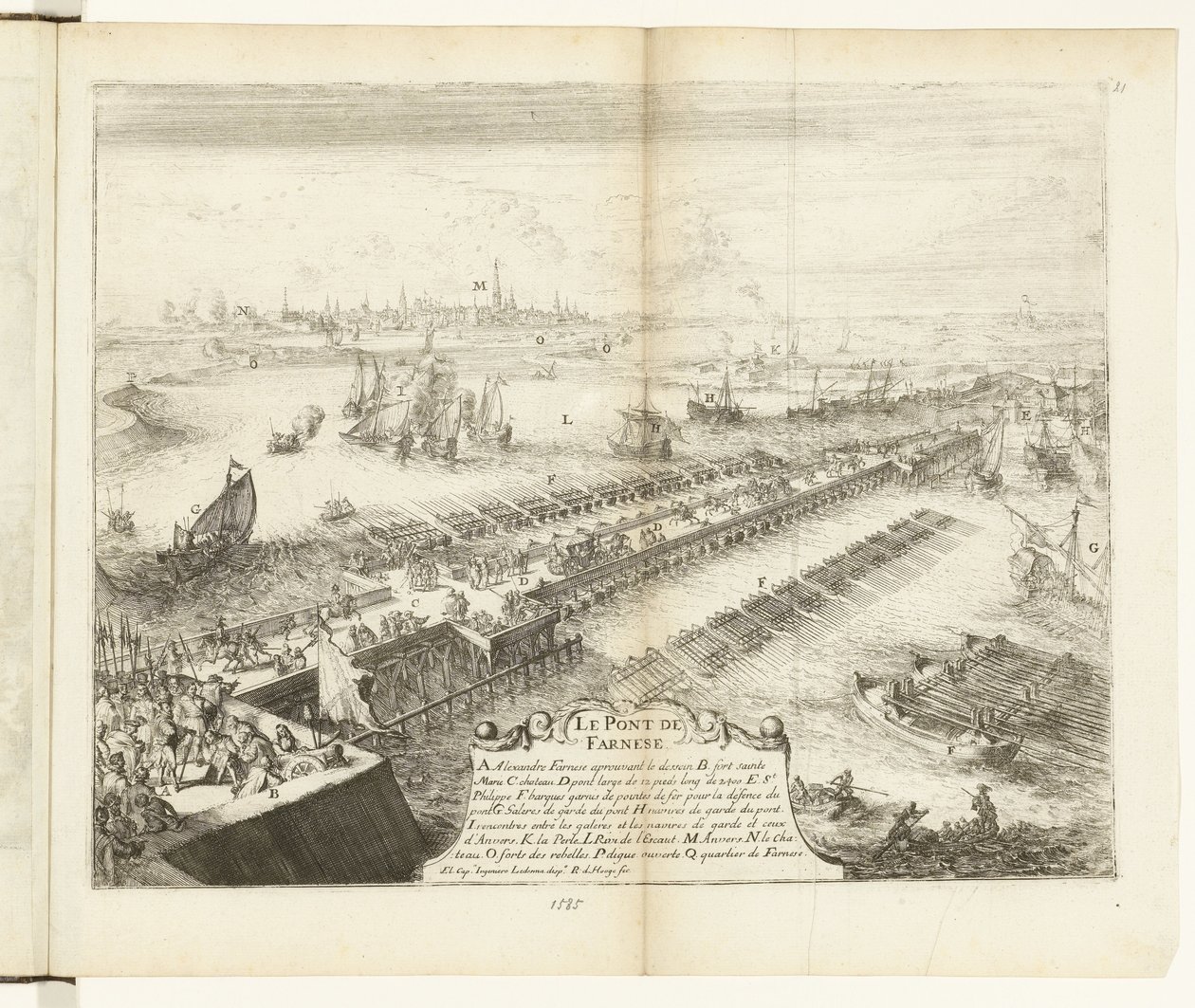 جسر سفينة بارما فوق نهر شيلدت ، 1585 لو بونت دي فارنيز (العنوان على الكائن) Guerres de Flandres (عنوان المسلسل) بواسطة Romeyn de Hooghe