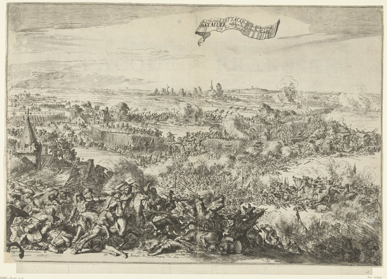 معركة سنيف ، 1674 Attacque غاضب جدًا يتحول إلى Bataille بين Leegers of the Geallie. en der Fransen (العنوان على الكائن) وصف الهجوم الغاضب للفرنسيين ، على باجاجي من جيش الحلفاء: يتحول إلى sc بواسطة Romeyn de Hooghe