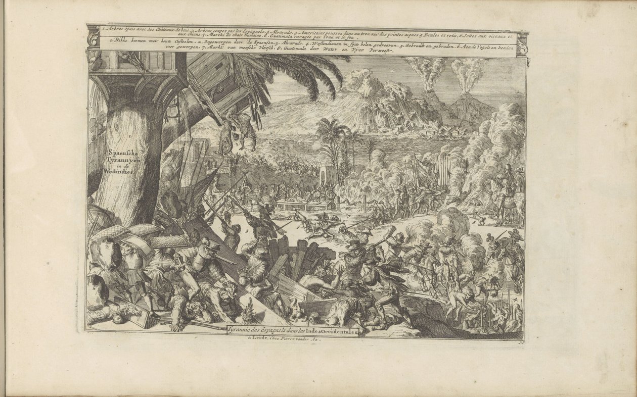 Spanse wreedheden في غرب الهند Spaensche Tyrannyen in de Westindies / طغيان الإسبان في جزر الهند الغربية (العنوان على الكائن) جزر الهند الشرقية والغربية وأماكن أخرى (عنوان السلسلة) بواسطة Romeyn de Hooghe