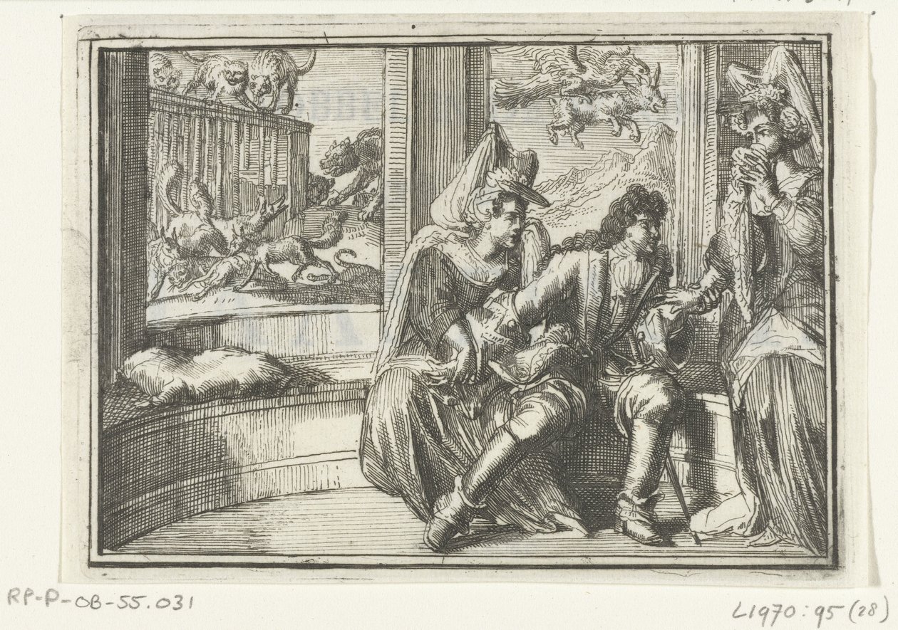 صفحة عنوان الكتيب: De Hobbel in de Wacht ، on the Haasejagt ، 1702 الهبل في الانتظار ، على Haasejagt (العنوان على الكائن) Esopus in Europe (عنوان المسلسل) بواسطة Romeyn de Hooghe