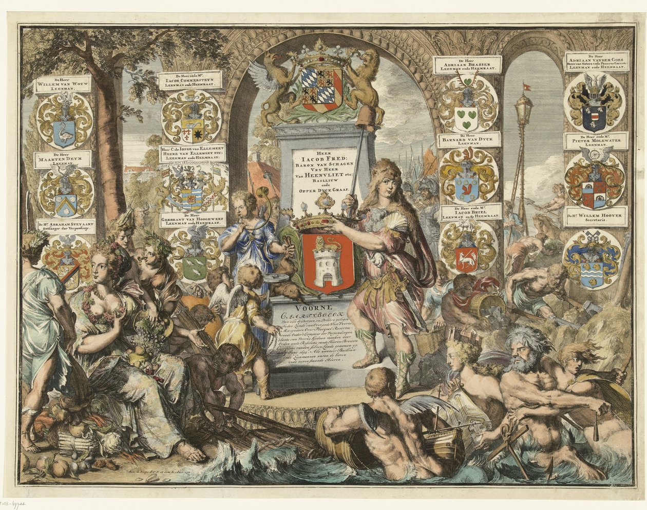 طباعة العنوان Caartboeck van Voorne ، ١٧٠١ Voorne Caart-Boeck من جميع القرى ، وتقع Polders في Inden Lande van Oost ، ende West Voorne (...) السابع من يونيو 1695. كما هو الحال عندما كان Bailliuw ende Leenmannen هي Heeren أعلاه والمجاورة. (العنوان على الكائن بواسطة Romeyn de Hooghe