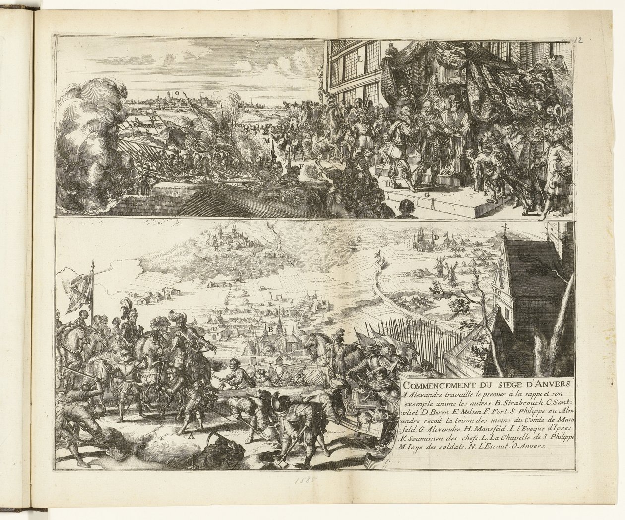 عرضان حول حصار دوق بارما لأنتويرب ، 1584-1585 بدء حصار أنفر (العنوان على الكائن) Guerres de Flandres (عنوان المسلسل) بواسطة Romeyn de Hooghe