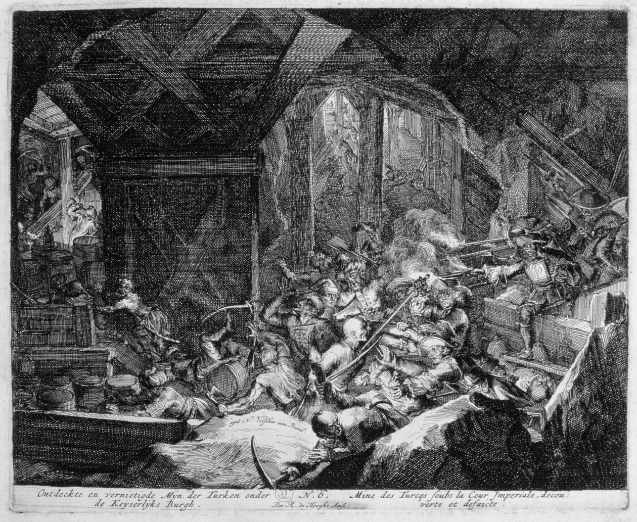 دورة طباعة فيينا ، اكتشاف وتدمير منجم تركي تحت القصر الإمبراطوري ، 1683 بواسطة Romeyn de Hooghe