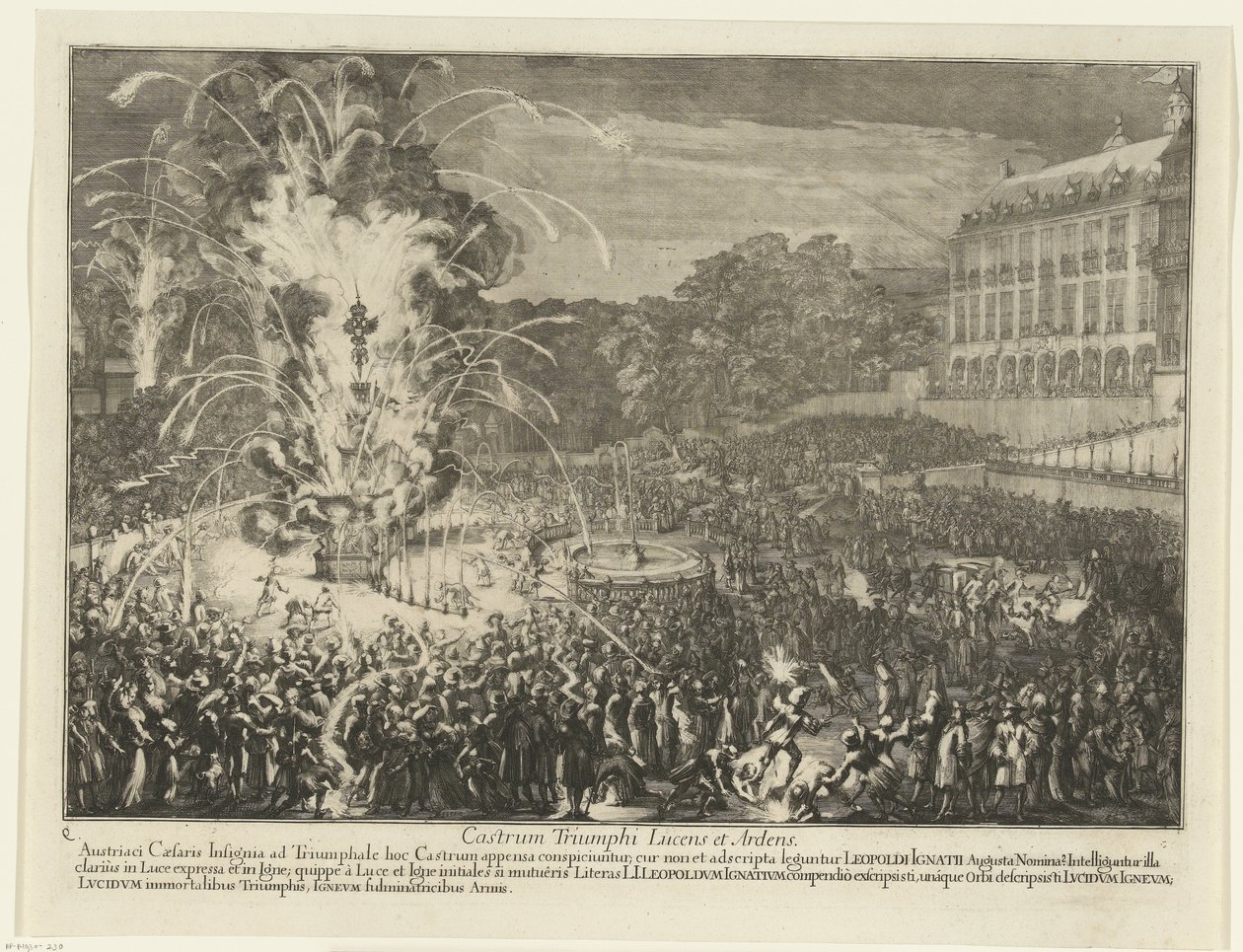 الألعاب النارية في حديقة القصر ، 1686 Castrum Triumphi Lucens et Ardens (العنوان على الكائن) دخول ليوبولد الأول إلى بروكسل بعد هزيمة الأتراك ، 1686 (عنوان المسلسل) بواسطة Romeyn de Hooghe
