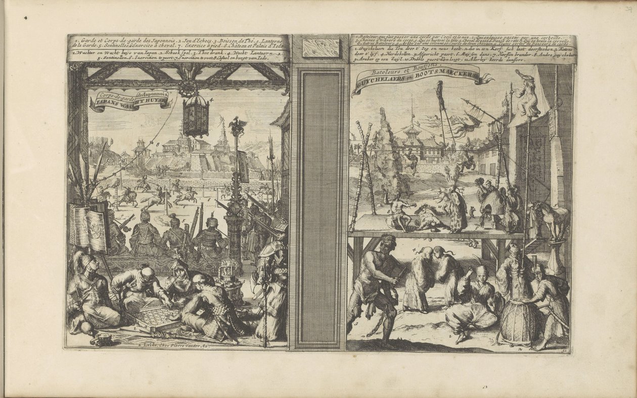دار حراسة في اليابان ؛ السحرة والبهلوانيون اليابانية Wacht Huyse / Corps-de-garde des Japonnois // Guychelaers and Bootsmaeckers (العنوان على الكائن) Les Indes Orientales et Occidentales et autres Lieux (عنوان السلسلة) بواسطة Romeyn de Hooghe