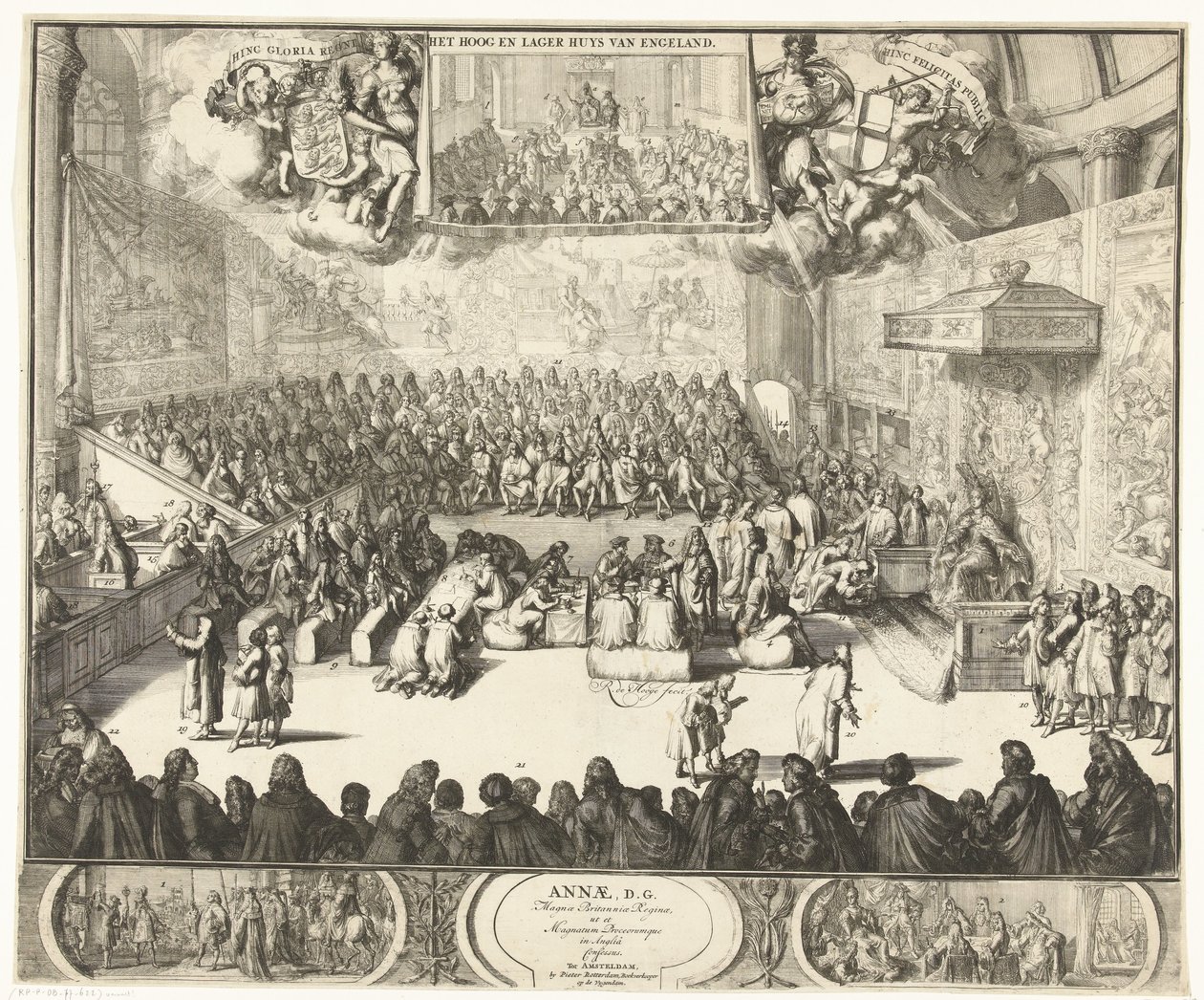 التقى Zitting van het Lagerhuis مع koningin Anna op de troon، 1702 آن ، د. اعترفت ملكة بريطانيا العظمى ، وكذلك الأمراء العظام في إنجلترا (العنوان على الشيء) بواسطة Romeyn de Hooghe