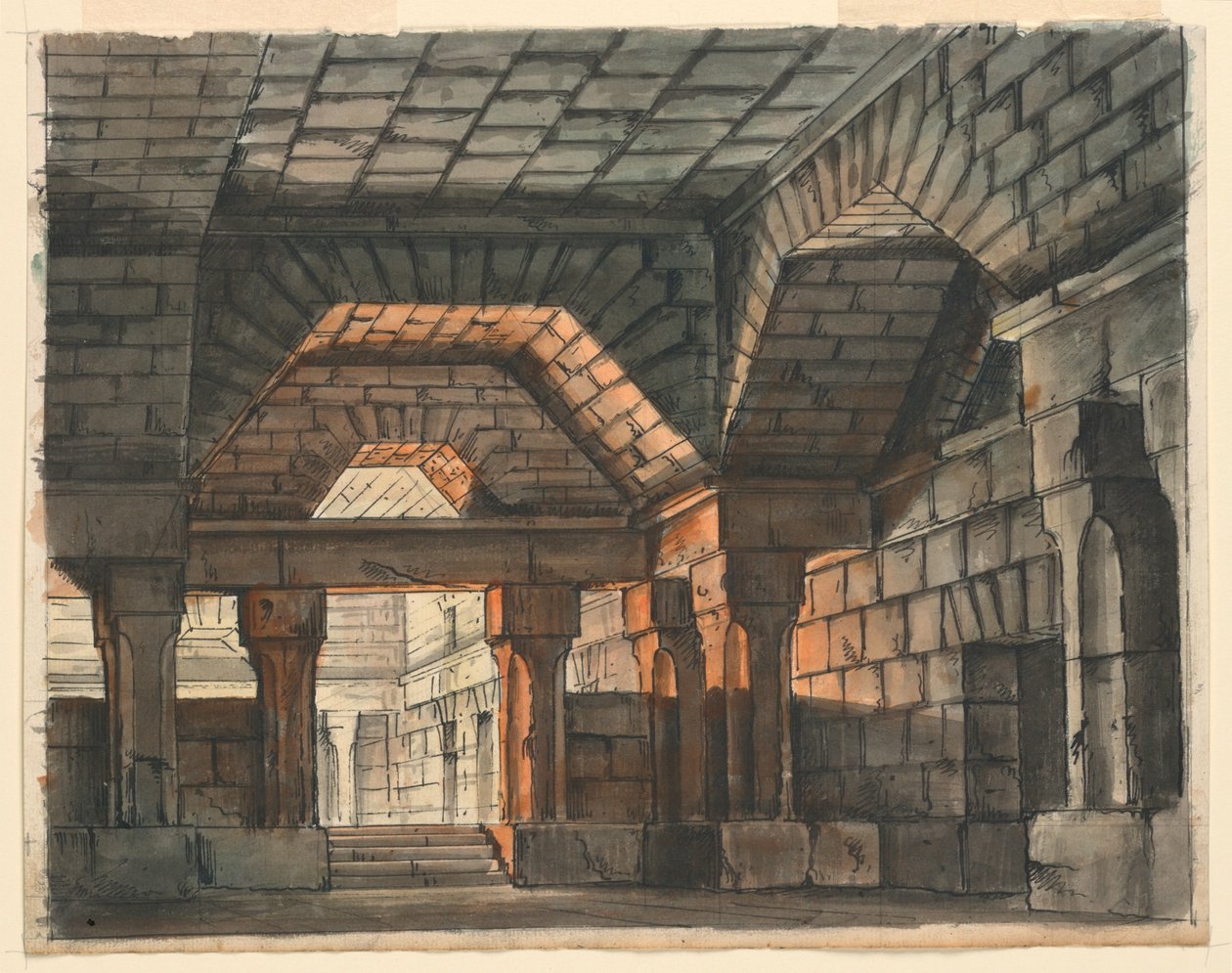 تصميم المسرح ، القلعة الداخلية المحصنة لـ "Ciro in Babilonia" بواسطة Gioachino Rossini ، La Scala ، ميلان ، 1818 ، "Underground Prison" بواسطة رومولو أخيل ليفراني
