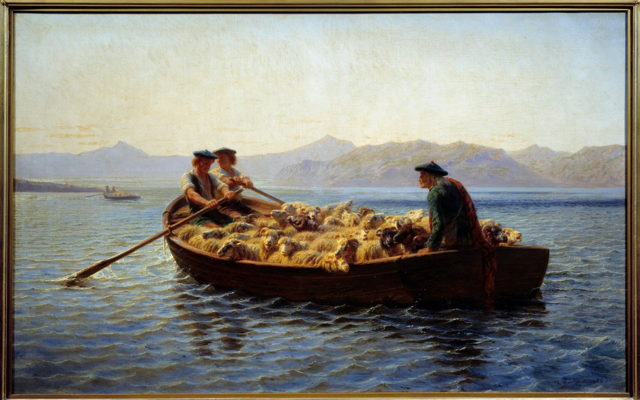 تغيير الرعي. ركب الرعاة قطيع الأغنام ليأخذوها إلى الشاطئ الآخر. لوحة روزا بونور (1822-1899) بواسطة بينك بونور