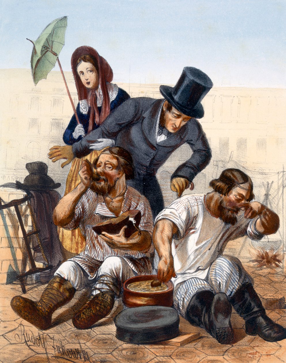 يتحدث الزوجان الثيران مع زوج من النجارين المخمورين يطبخون ويأكلون في الشارع ، 1843 بواسطة رودولف جوكوفسكي