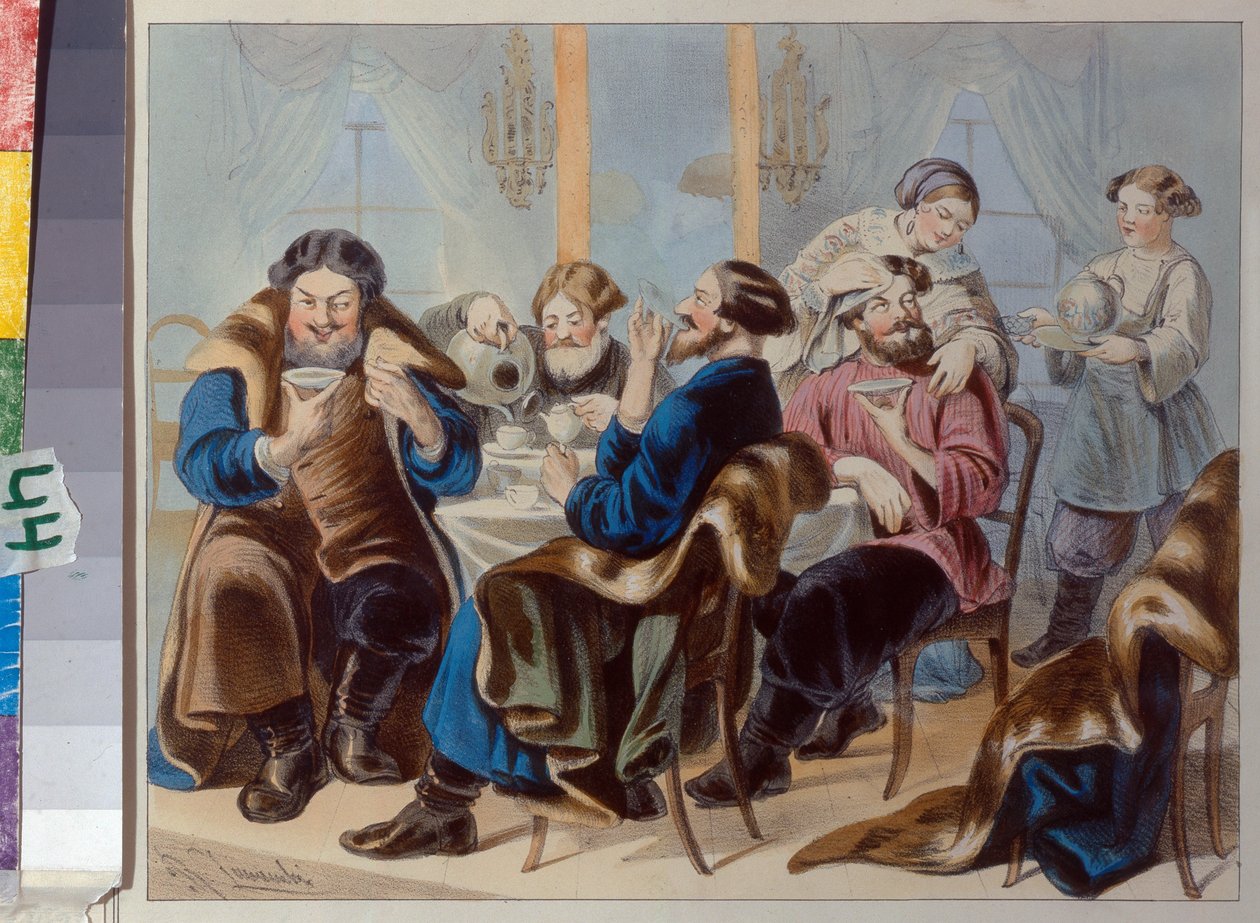 شاي وسكر. شرب الشاي في حانة جوكوفسكي ، رودولف كاسيميروفيتش (1814-1886) ، الربع الأول من القرن التاسع عشر. - ليثوجراف ، ألوان مائية - متحف تاريخ الدولة ، موسكو بواسطة رودولف قاسميروفيتش جوكوفسكي