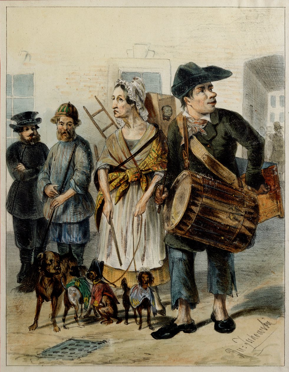 خادم يأخذ الكلاب - عمل فني لرودولف كاسيميروفيتش جوكوفسكي (1814-1886) ، ألوان مائية وحبر على ورق بواسطة رودولف قاسميروفيتش جوكوفسكي