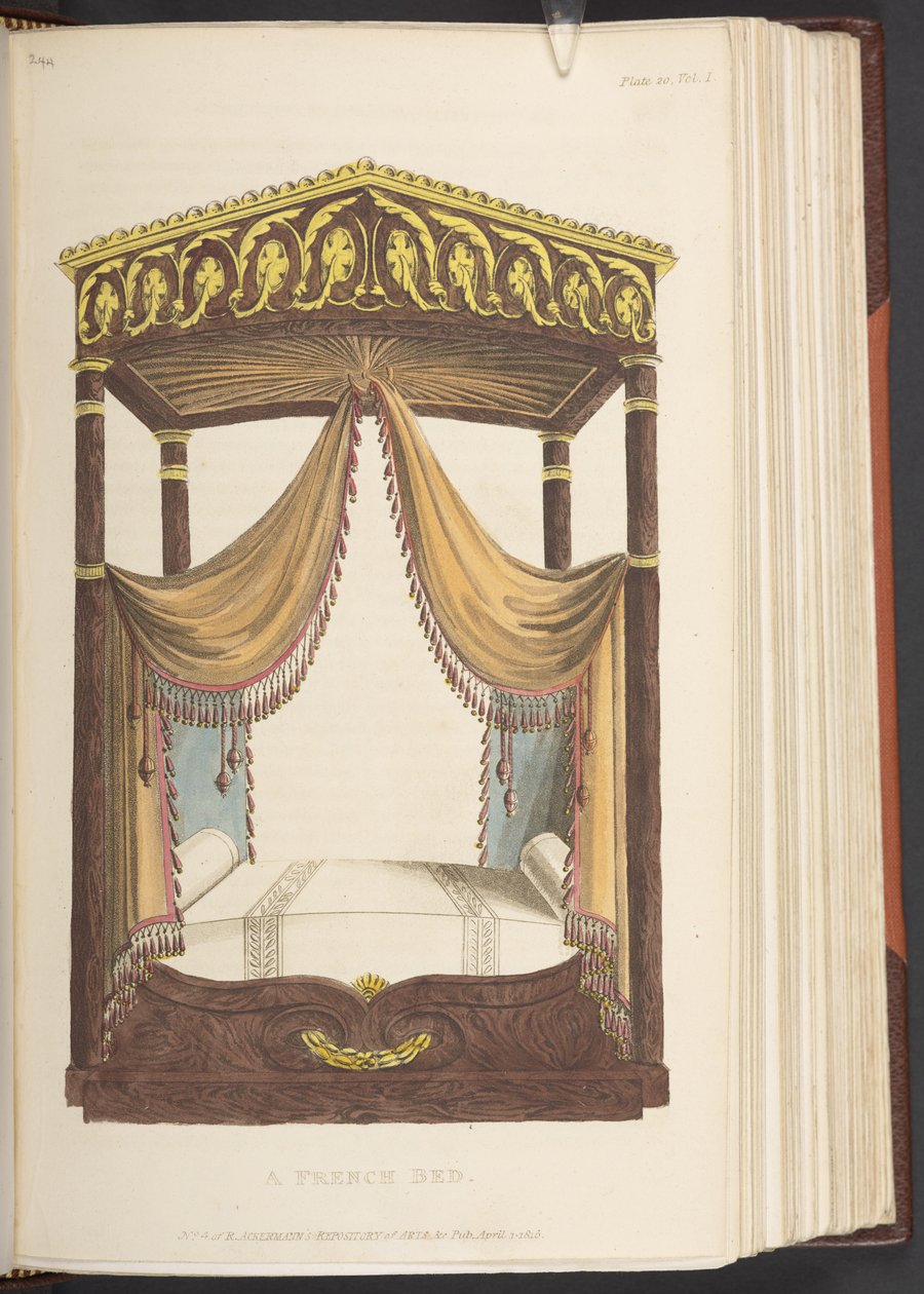 سرير فرنسي ، من مستودع الفنون في أكرمان ، أبريل 1816 (لون ليثو) بواسطة رودولف أكرمان