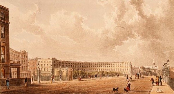 The Crescent، Portland Place، aquatint نُشرت عام 1822 بواسطة رودولف أكرمان
