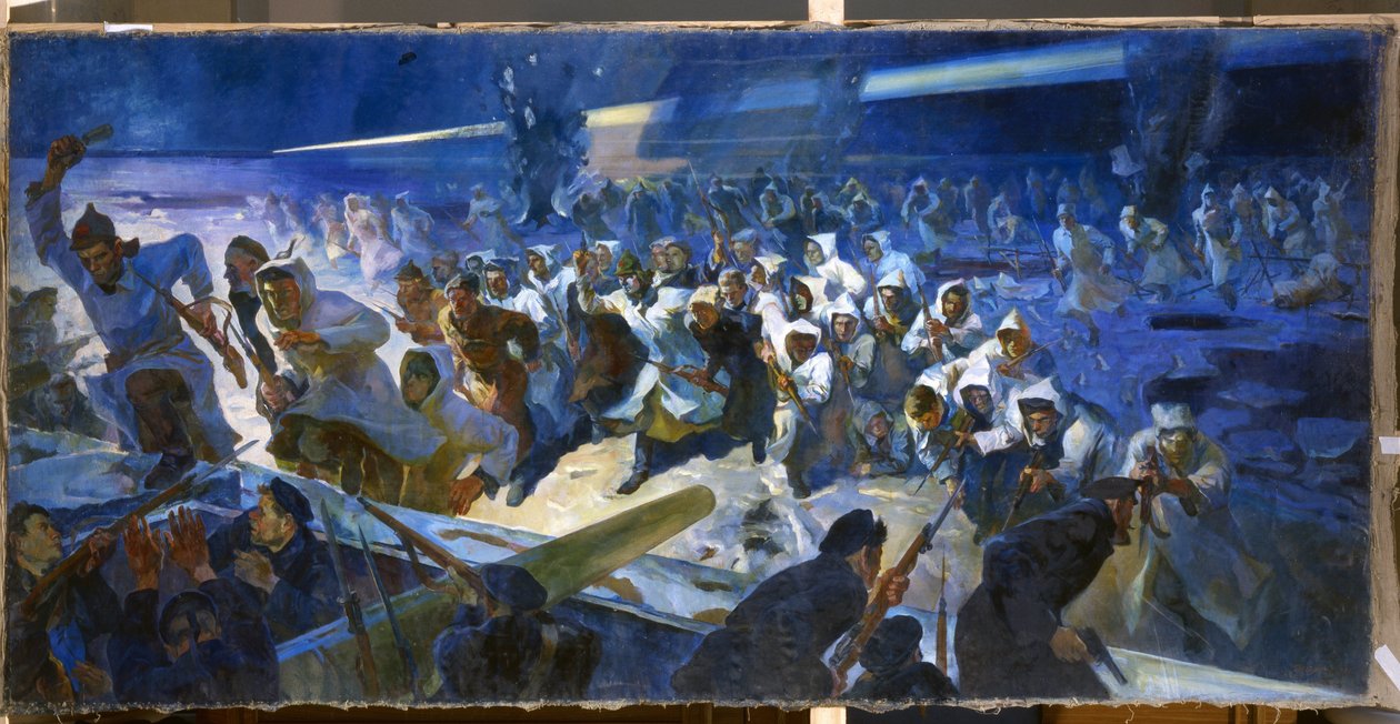 هاجم الجيش الأحمر كروندشتات (روسيا) في مارس 1921 (قوات الجيش الأحمر تهاجم كروندشتات في مارس 1921). في أعقاب ثورة كرونشتاد ضد السلطة البلشفية ، رفضت الحكومة أي مفاوضات وأغلقت الأحداث بسحقها عسكريًا. بواسطة رودولف فرينز