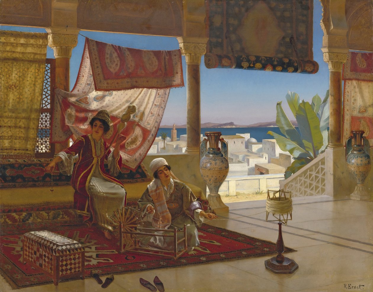 غزالو الصوف (Les fileuses de laine) par Ernst ، رودولف (1854-1932). زيت على خشب ، مقاس: 79.5 × 100 ، مجموعة خاصة بواسطة رودولف إرنست
