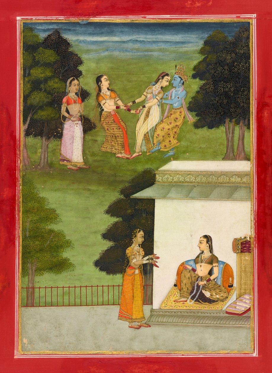كريشنا يلعب مع gopis ، ورقة من Rasikpriya ، بتاريخ 1686 Samvat 1743. بواسطة ركن الدين