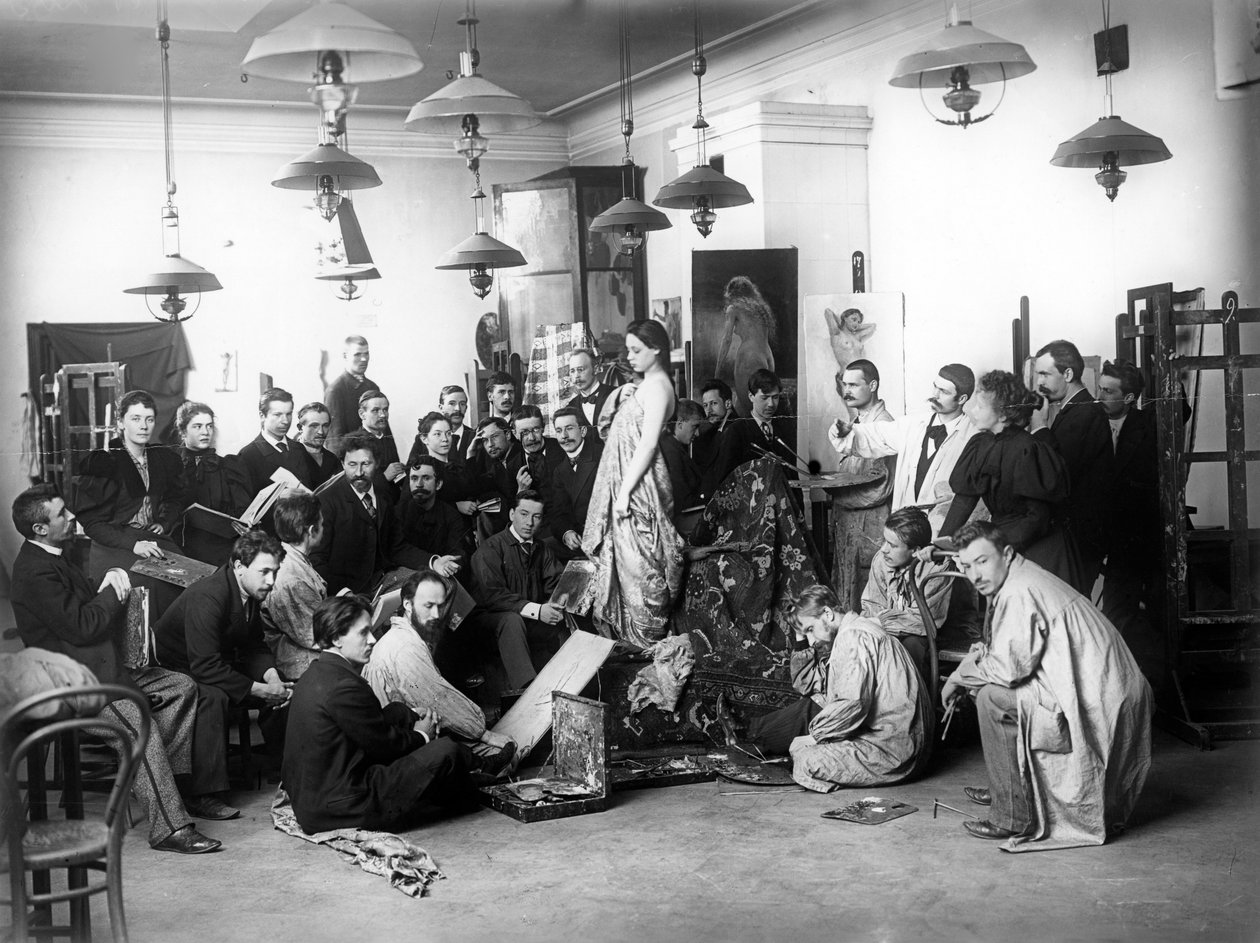 إيليا ريبين تدرس فئة الحياة في الأكاديمية الإمبراطورية ، سانت بطرسبرغ ، 1898 بواسطة مصور روسي