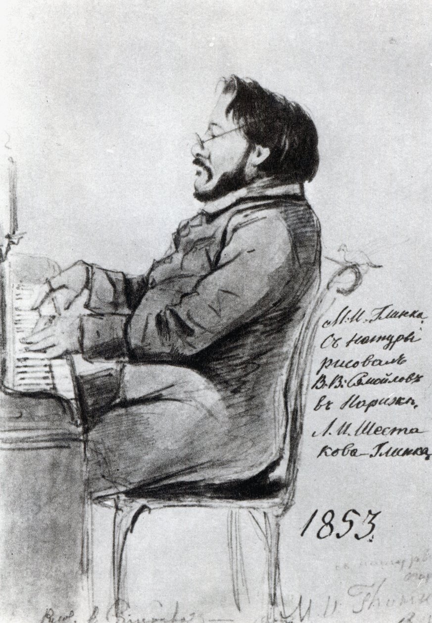 ميخائيل جلينكا ، 1853 (قلم وحبر مع طلاء على الورق) بواسطة المدرسة الروسية