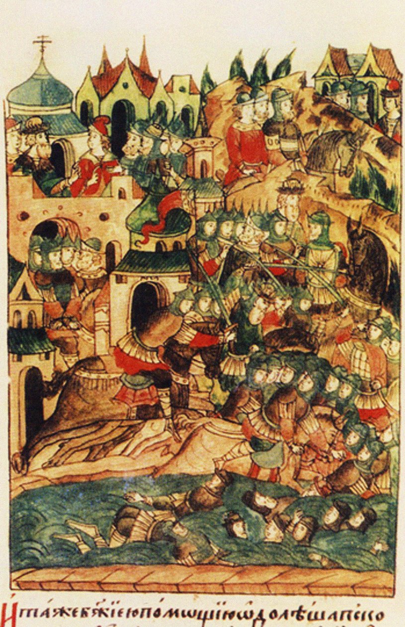 ال معركة فيزنبرغ في 18 فبراير 1268 ، من تاريخ المجمع المضاء ، النصف الثاني من القرن السادس عشر بواسطة المدرسة الروسية
