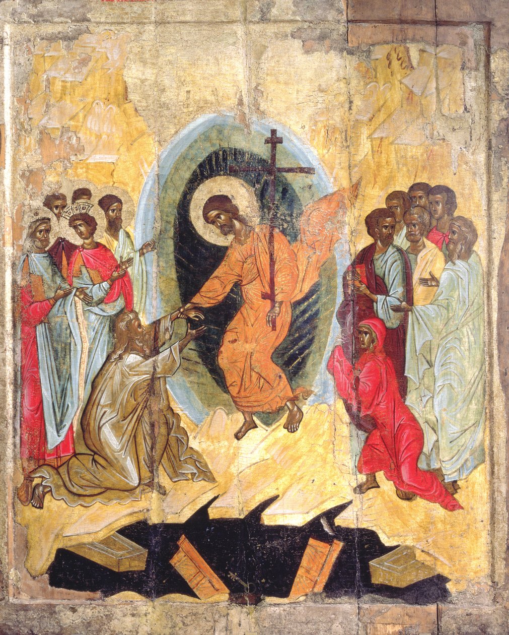 Christs Descent to Hell ، أيقونة روسية ، مدرسة نوفغورود ، أواخر القرن الرابع عشر (درجة الحرارة على اللوحة) بواسطة المدرسة الروسية
