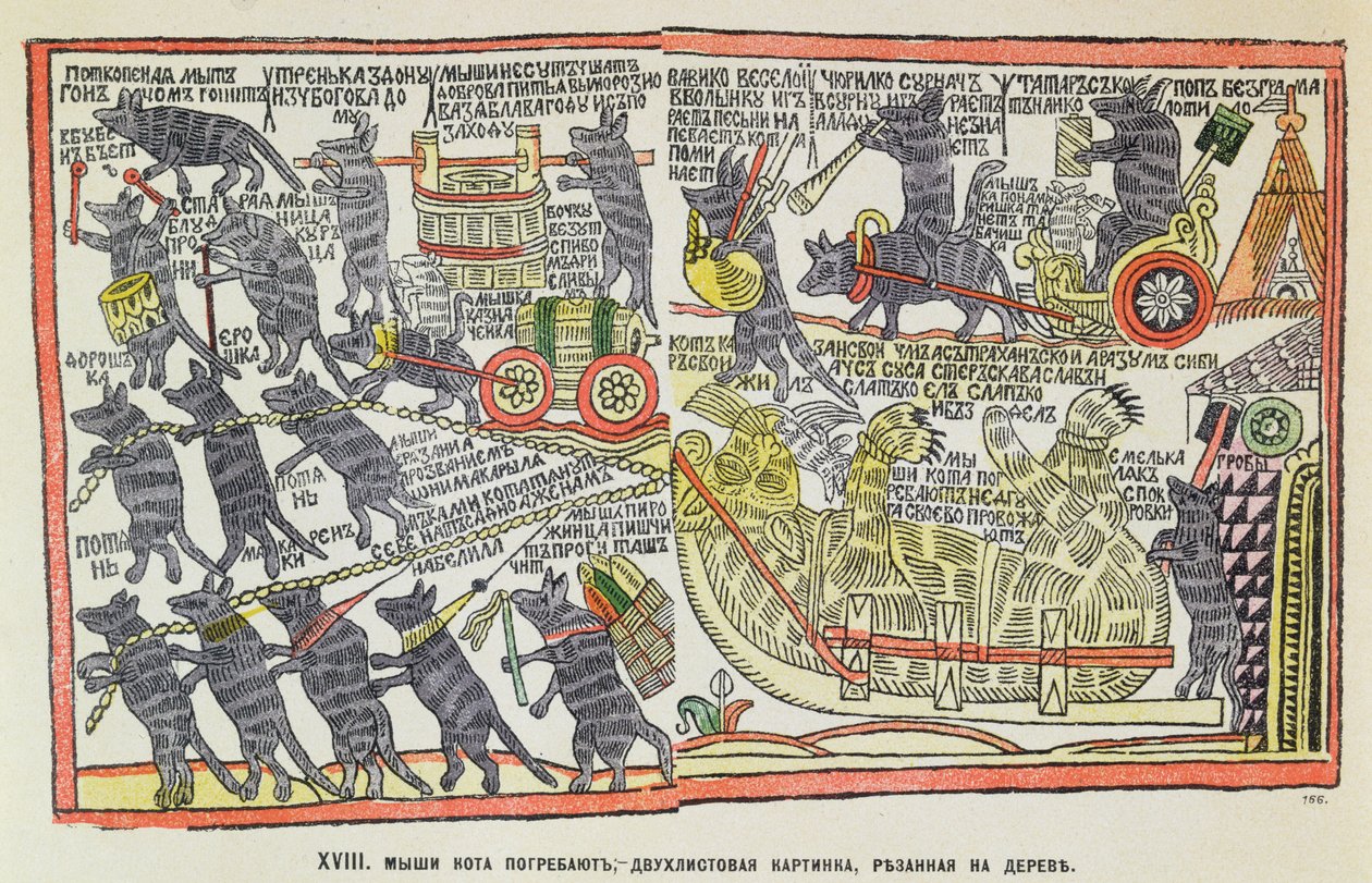 موكب جنازة الفئران لقط ميت ، كاريكاتير حول دفن بطرس الأكبر ، 1860 (قطع خشبية ملونة) بواسطة المدرسة الروسية