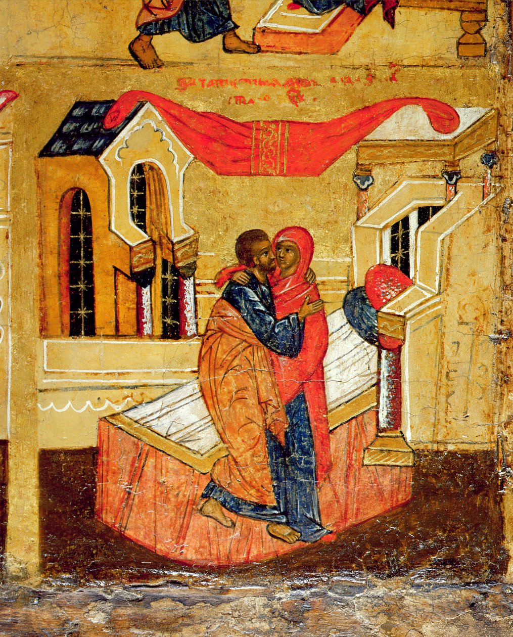 أيقونة تصور الاجتماع في البوابة الذهبية ، c.1550 (درجة الحرارة وورقة الذهب على اللوحة) (تفاصيل 314500) بواسطة المدرسة الروسية