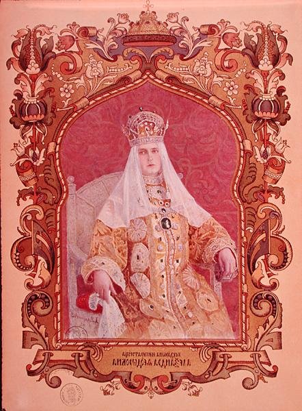 صورة Tsarina Alexandra Feodorovna (1872-1918) في ثوب التتويج التقليدي ، c.1894 (انظر أيضًا 173581) بواسطة المدرسة الروسية