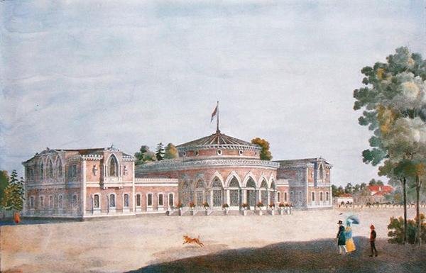 محطة سكة حديد ومطعم فرنسي في حديقة كاترين ، 1824 بواسطة المدرسة الروسية