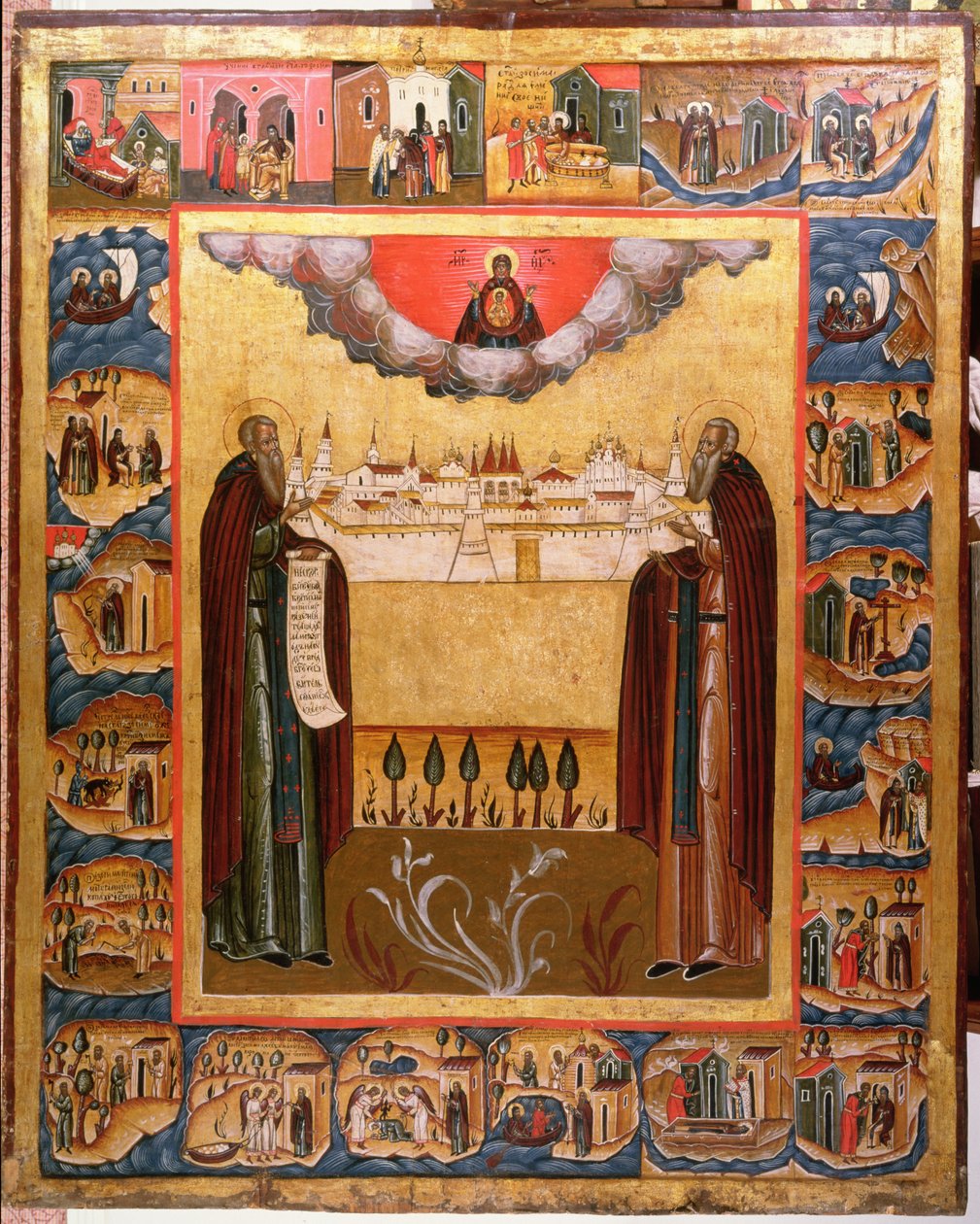 القديسين زوسيموس و Sabbatheus من Solovetsk مع مشاهد من حياتهم ، القرن الثامن عشر (درجة الحرارة على اللوحة) بواسطة المدرسة الروسية