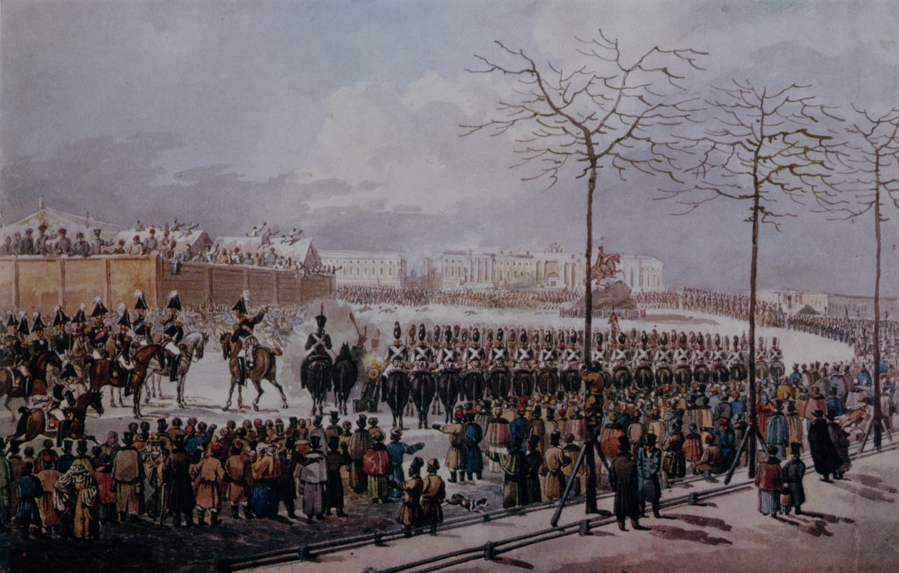 تمرد Decembrists في ساحة مجلس الشيوخ ، سانت بطرسبرغ في 14 ديسمبر 1825 (مرحاض على ورق) بواسطة المدرسة الروسية